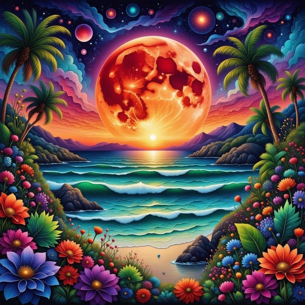 Blood Moon Over Teal Ocean in Van Gogh Style