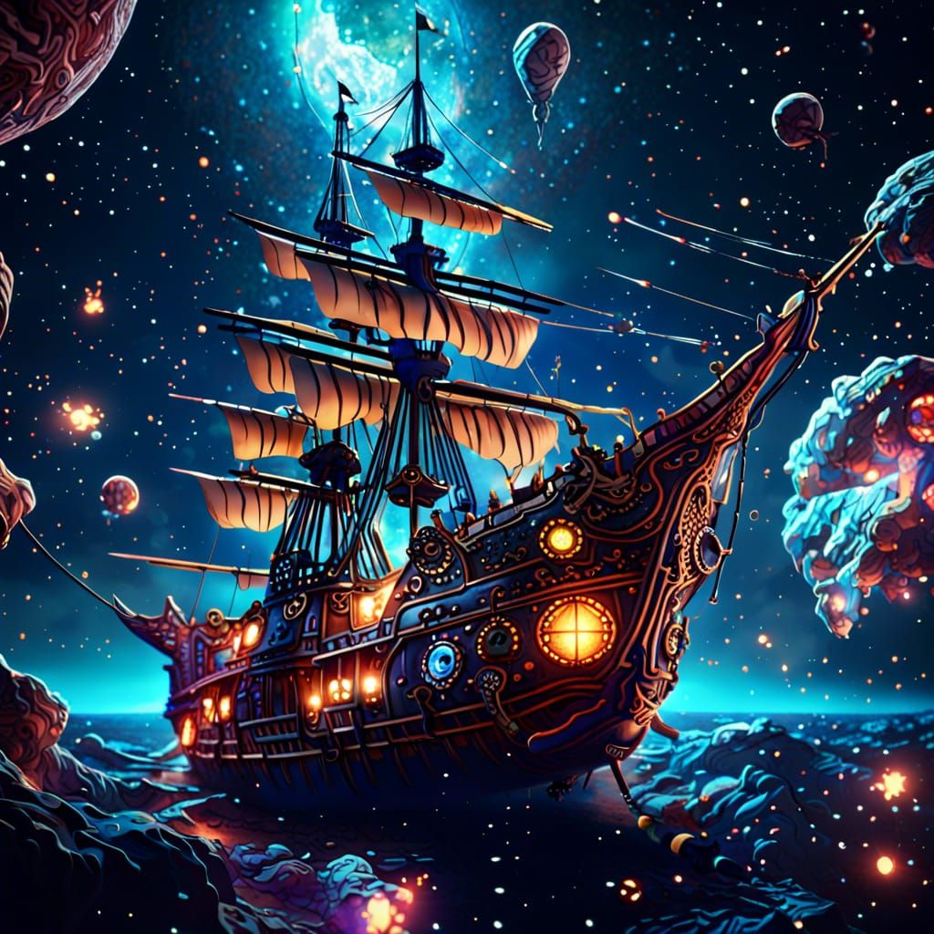 Pirate Ship Soaring Through Outer Space