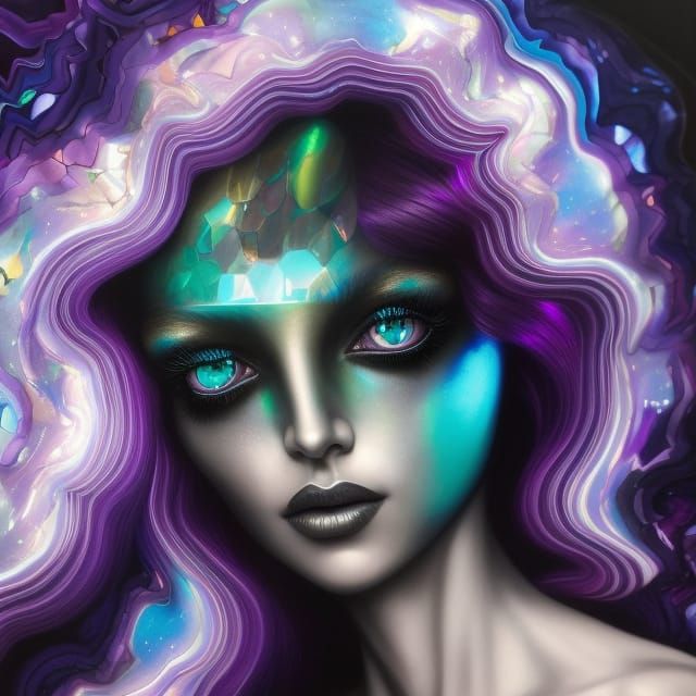 Opalescent holographic iridescent black galactic beautiful alien woman