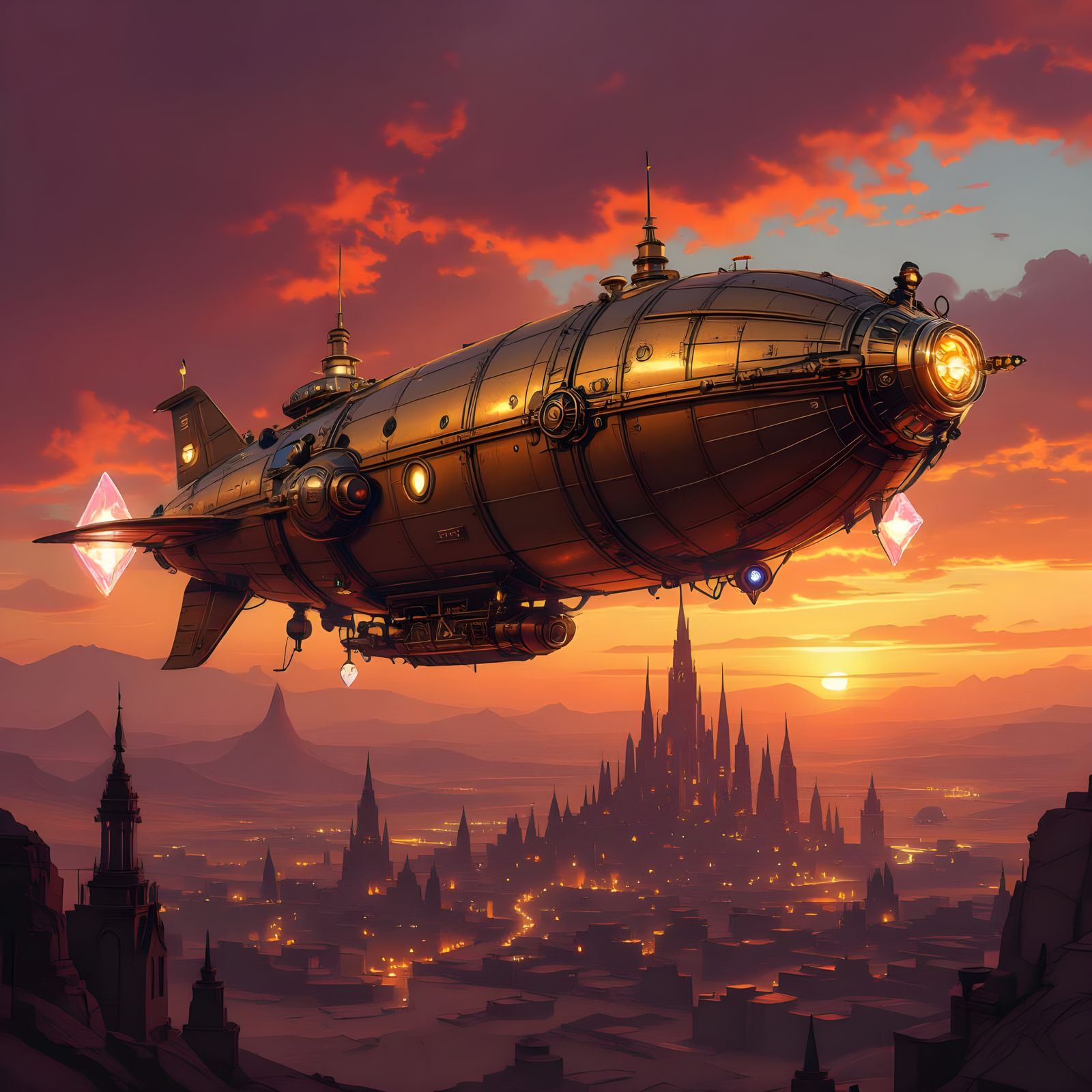Steampunk Airship Soaring Above Desert City