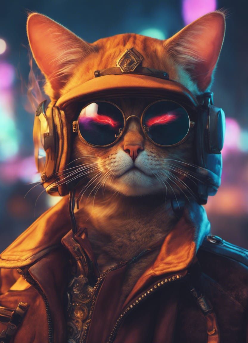 Cyberpunk Cat Smoking Cigar in Anime Style