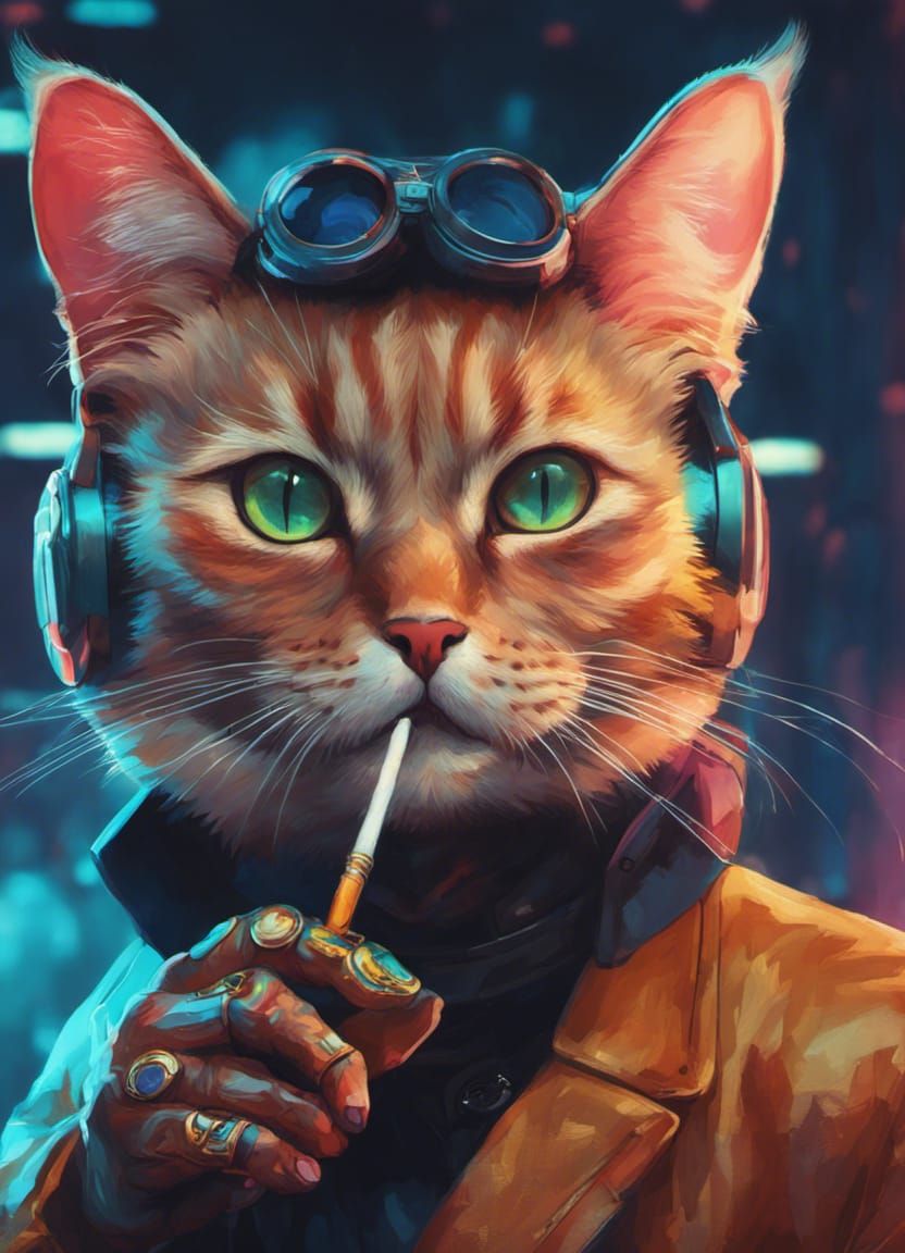Cyberpunk Cat Smoking Cigar in Anime Style