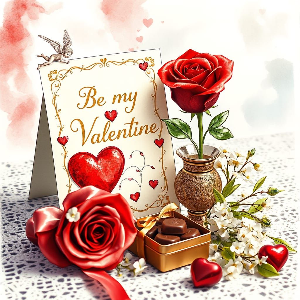 Dreamy Valentine's Day Scene in Whimsical Watercolor Style