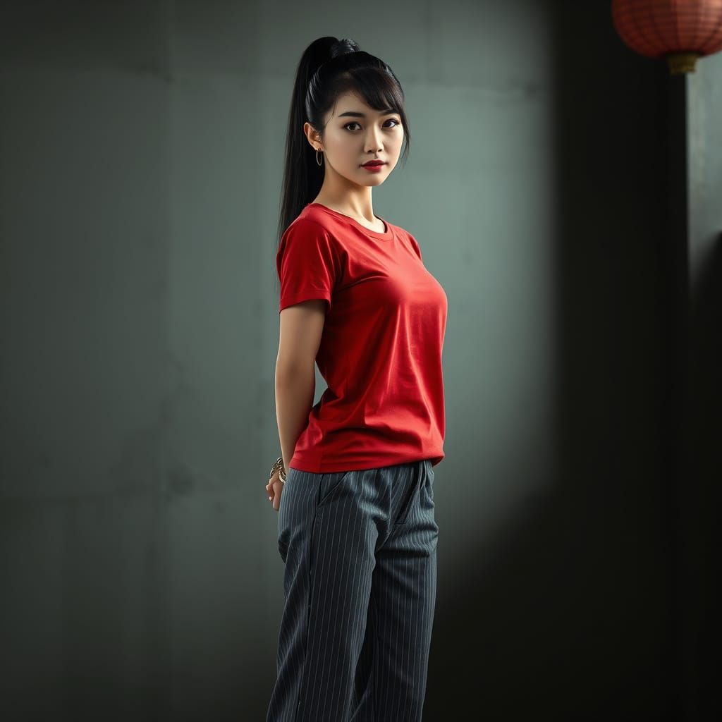 Confident Woman with Chained Ankles in Hyper-Realism Style