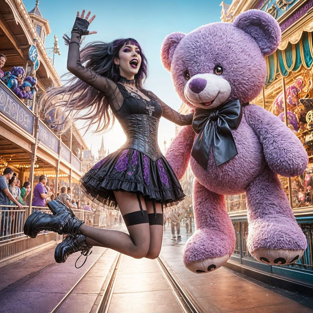 Goth Woman's Joyful Disneyland Moment with Giant Teddy Bear