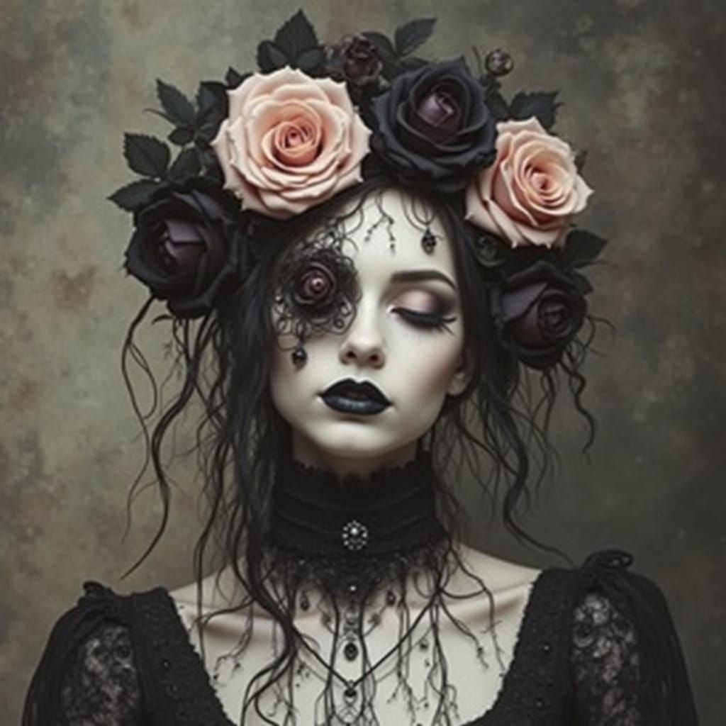 Gothic Grunge Lady with Roses in Hair