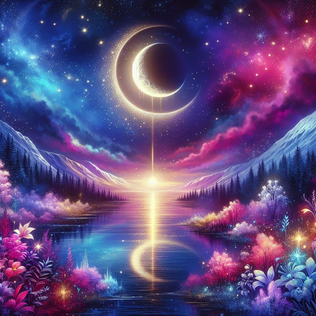 Dreamy Night Scene in a Celestial Landscape