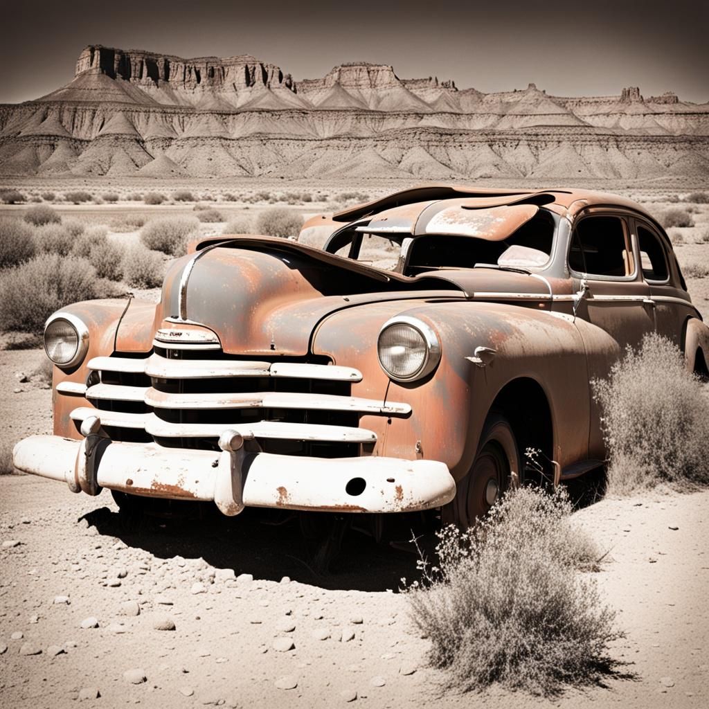 Abandoned Classic Car on Route 66 Desert