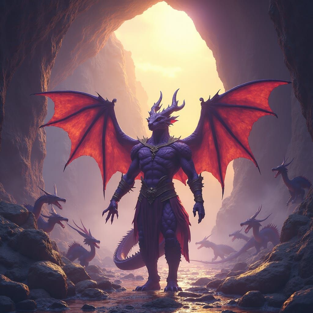 Dragon-Human Warrior in a Sunlit Cave