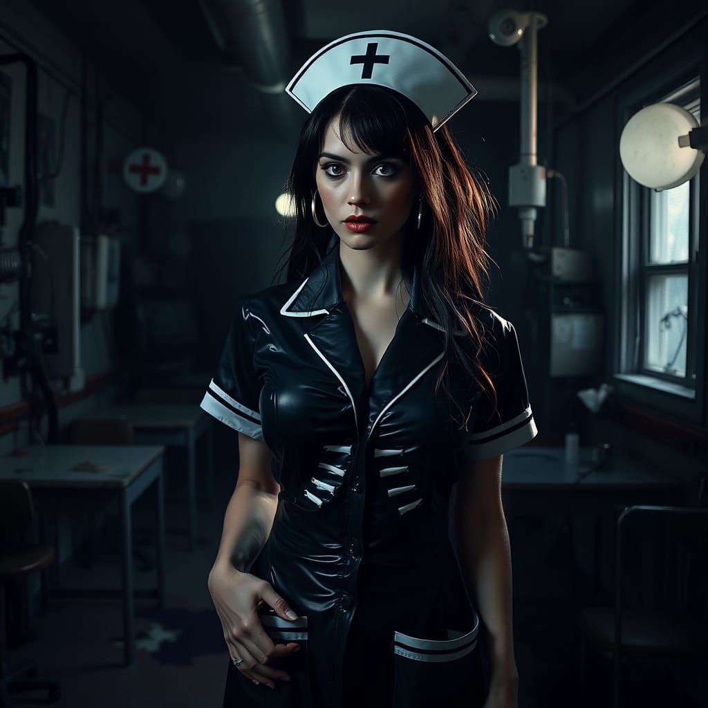 Ethereal Goth Nurse in Haunting Asylum Setting