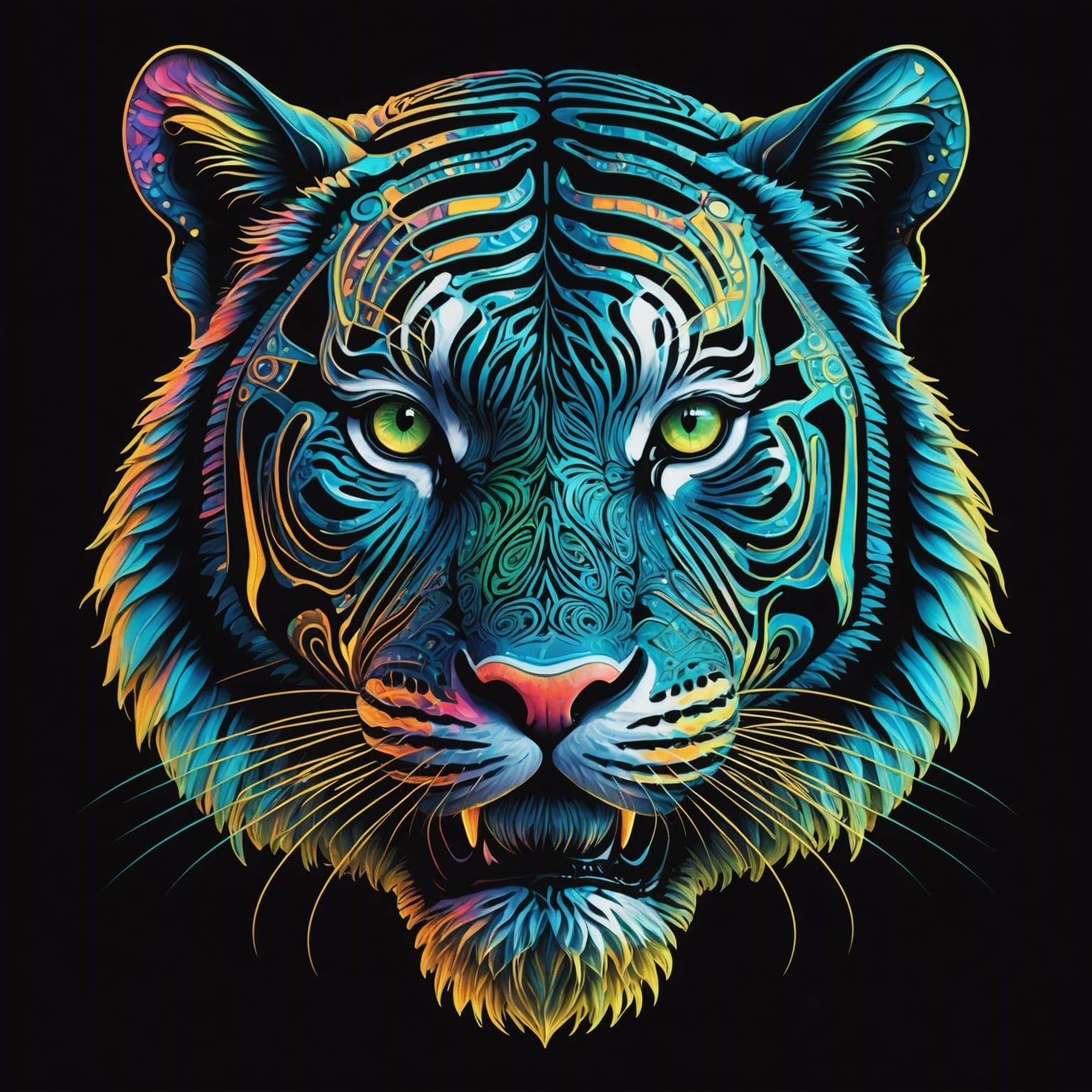 Bioluminescent Holographic Tiger in Neon Graffiti Style