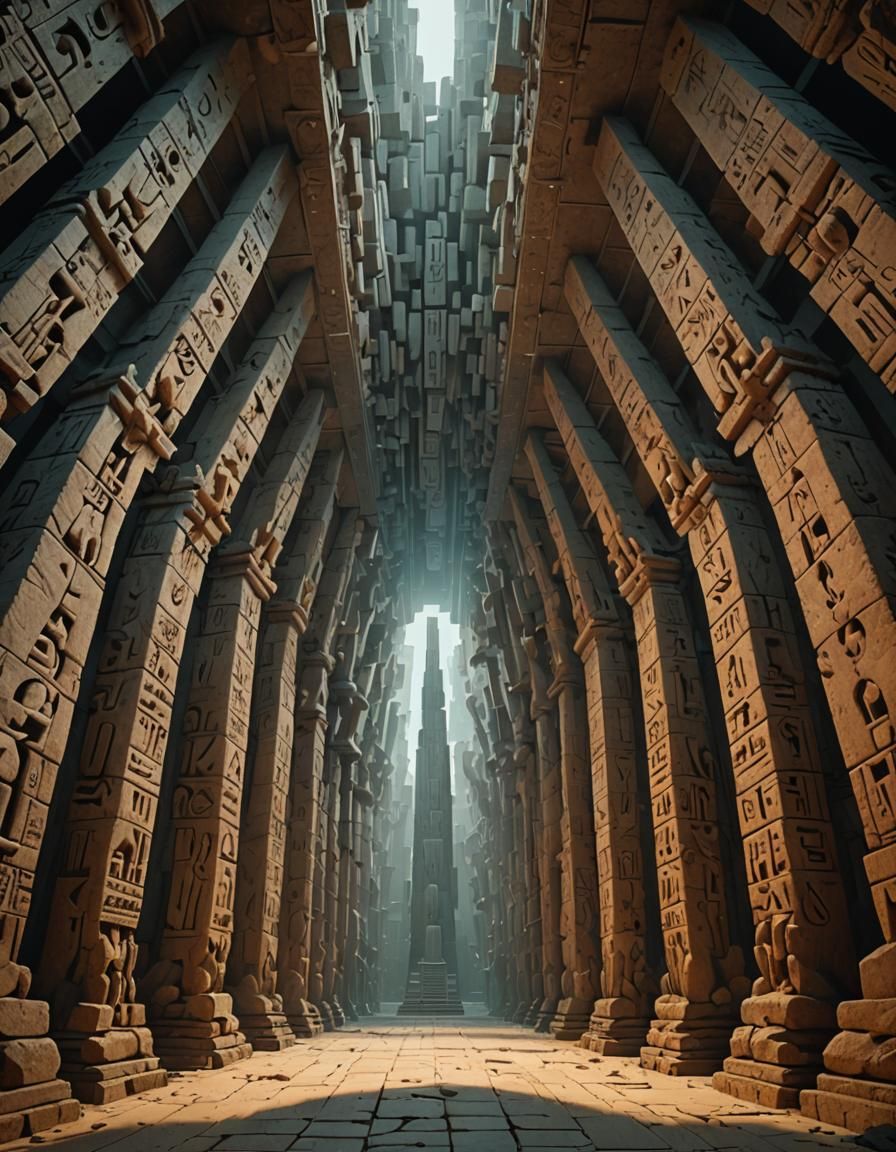 A low angle view up a massive hall made of floating stone obelisks carved with alien glyphs.