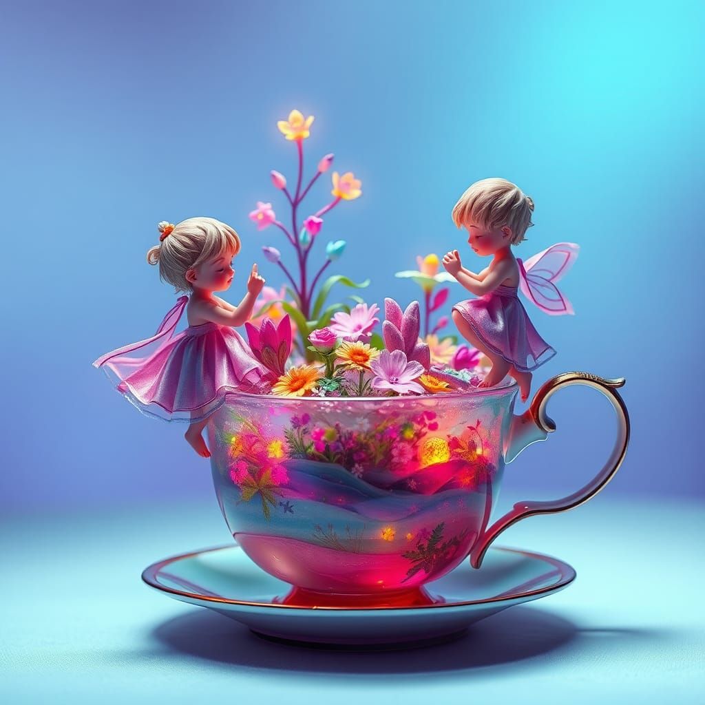 Neon Ecosystem with Miniature Kids on Teacup