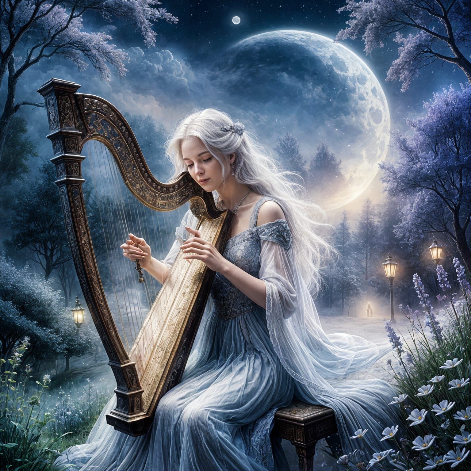 Ethereal Woman Plays Harp in Moonlight