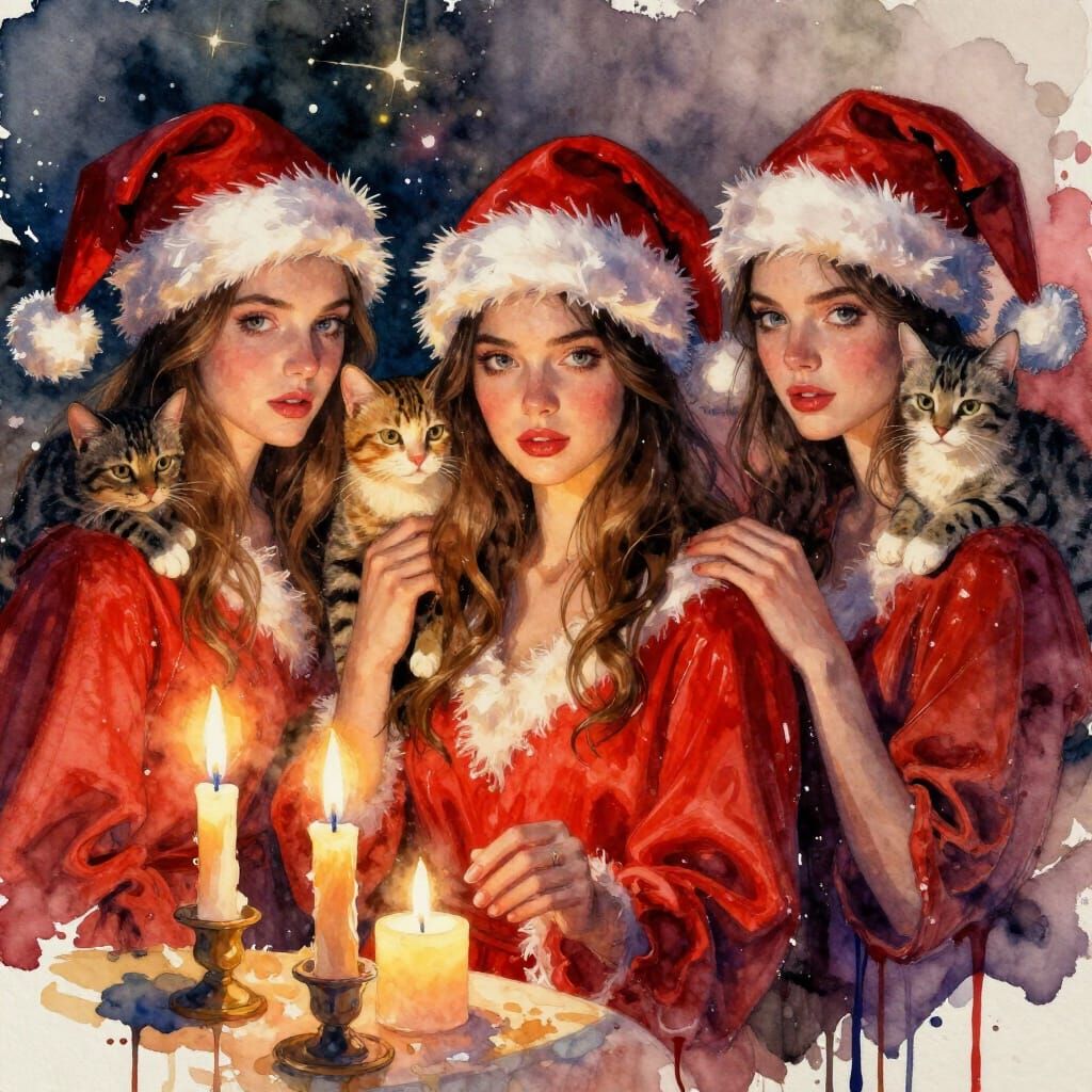 Beautiful Women in Santa Hats with Cats and Candles