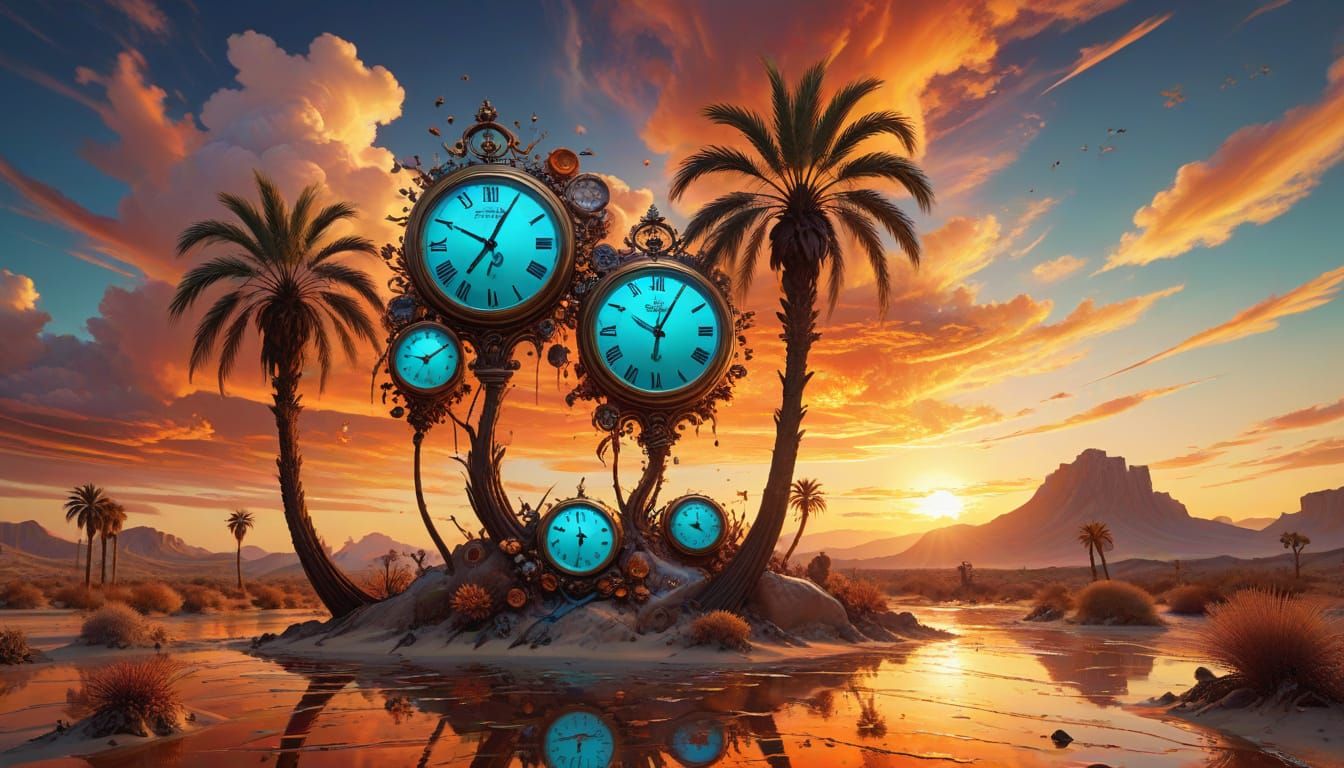 Surreal Desert Meets Ocean with Melting Clocks