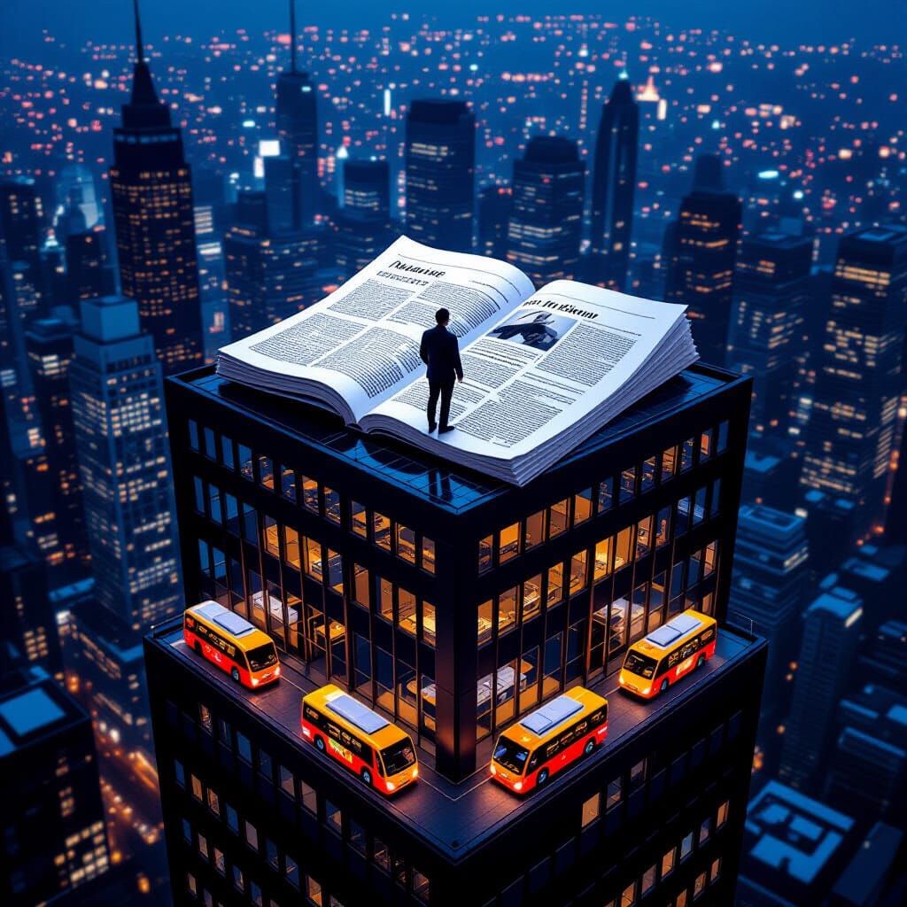 Man Reads Newspaper Atop Building Amidst Glowing Buses