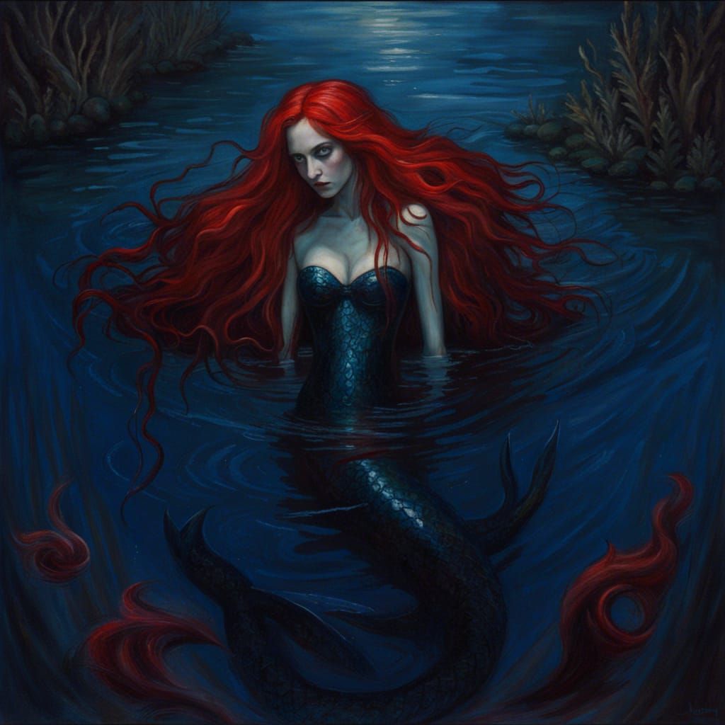 Gothic Mermaid in Dark Blue Lake as Oil Painting