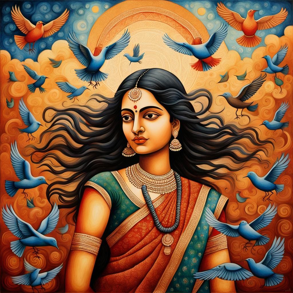 Indian Woman and Birds in Traditional Style