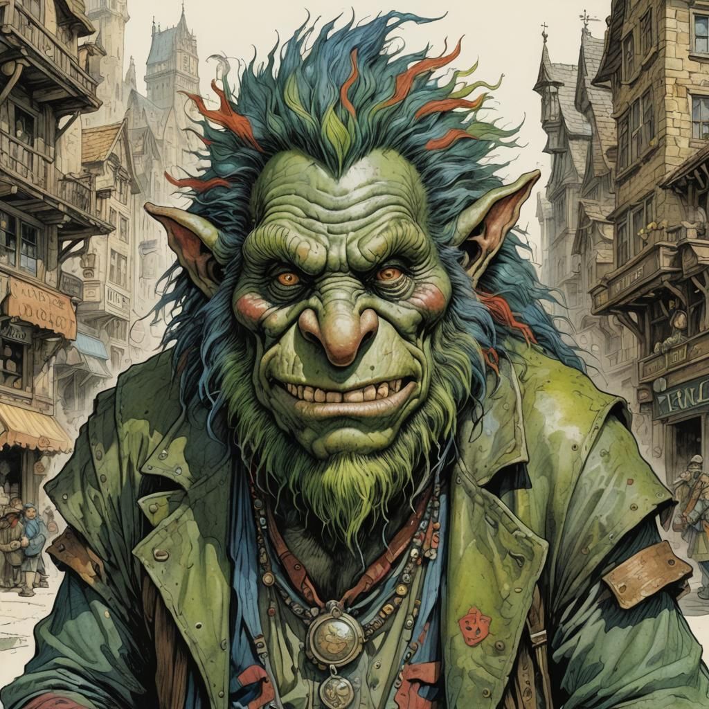 portrait. troll. peddler. scaly. city. pencil and ink. conce...