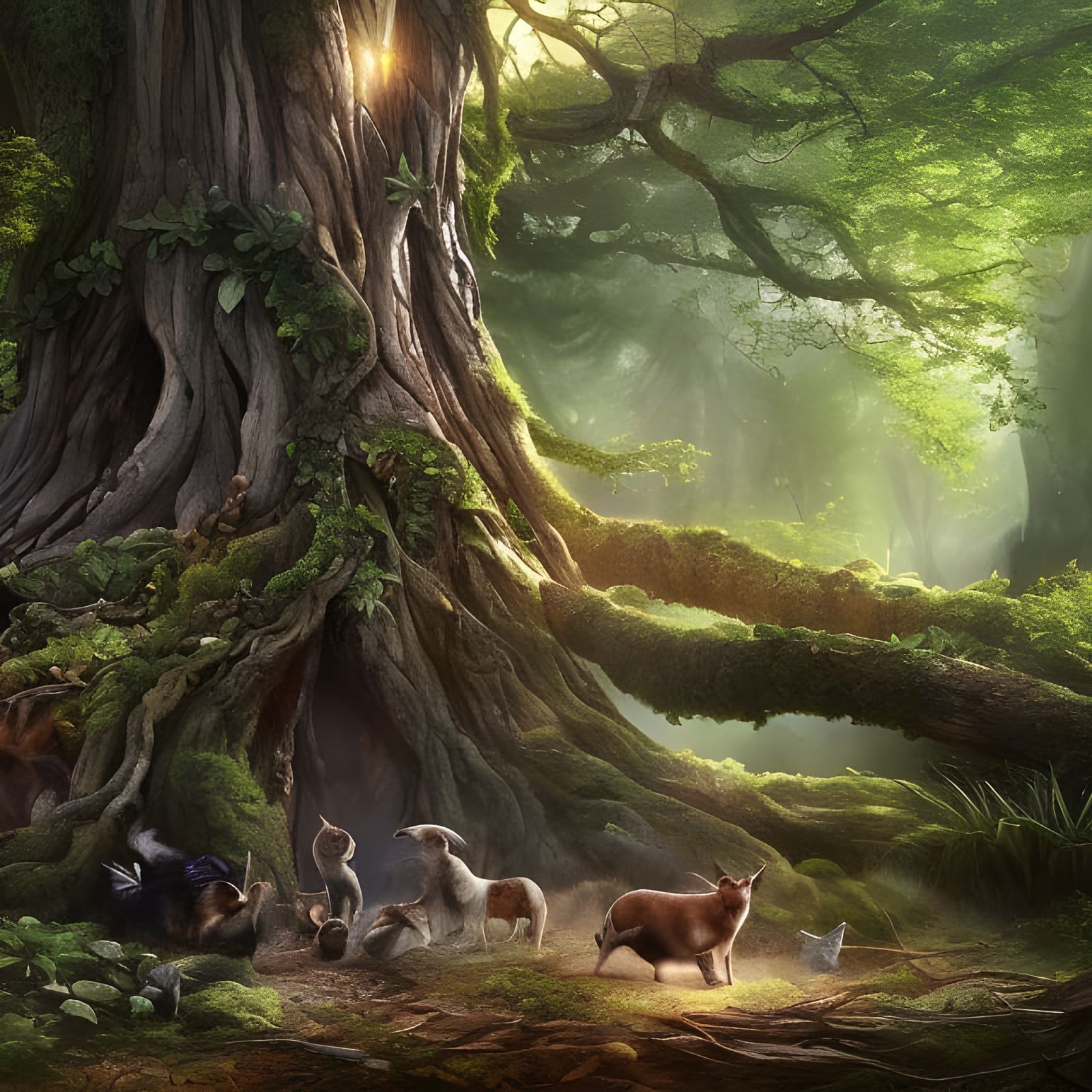 Enchanted Forest Animals Gather at Ancient Tree