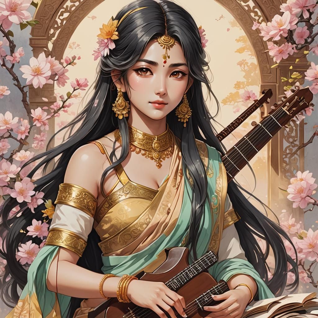 Anime Saraswati with Veena and Book in Zerochan Style