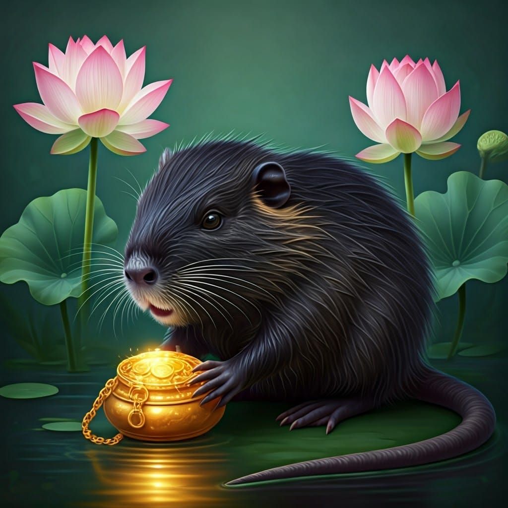 Black Nutria Finds Golden Treasure Among Lotus