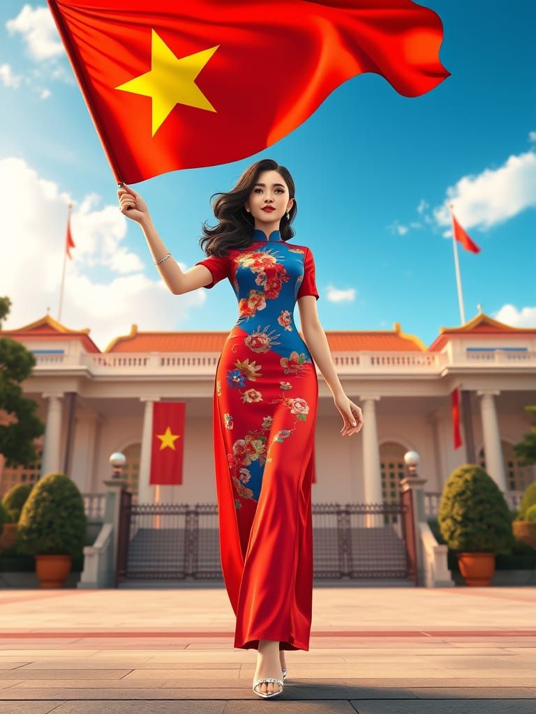 Confident Vietnamese Woman Steps Out of Independence Palace ...