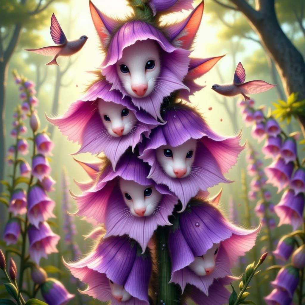 Whimsical Kitten-Foxglove Hybrid Creature
