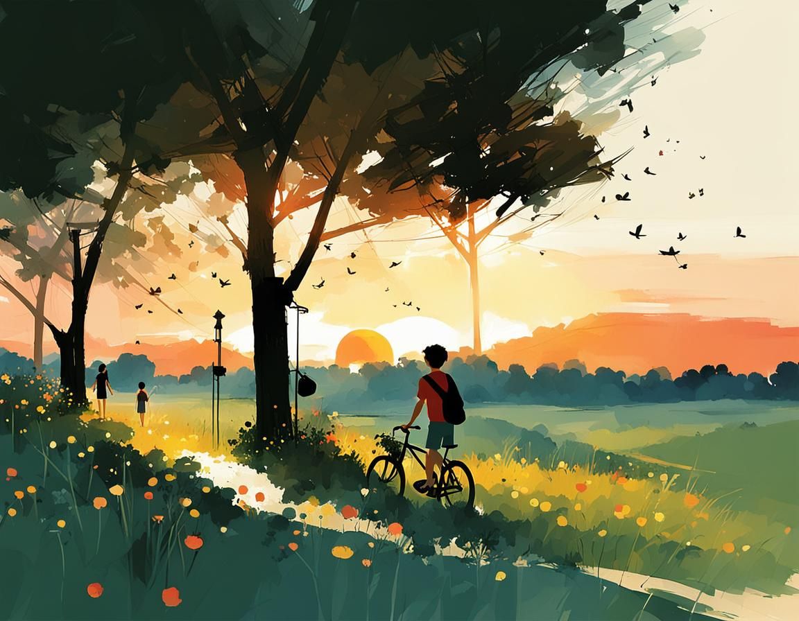 Summer Sunset Landscape as Impressionist Painting