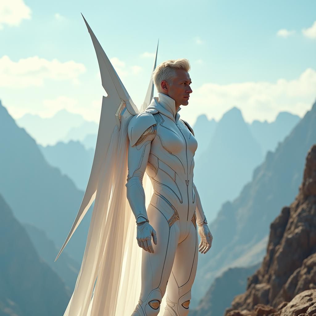 Futuristic Hero in White Armor on Mountain Peak
