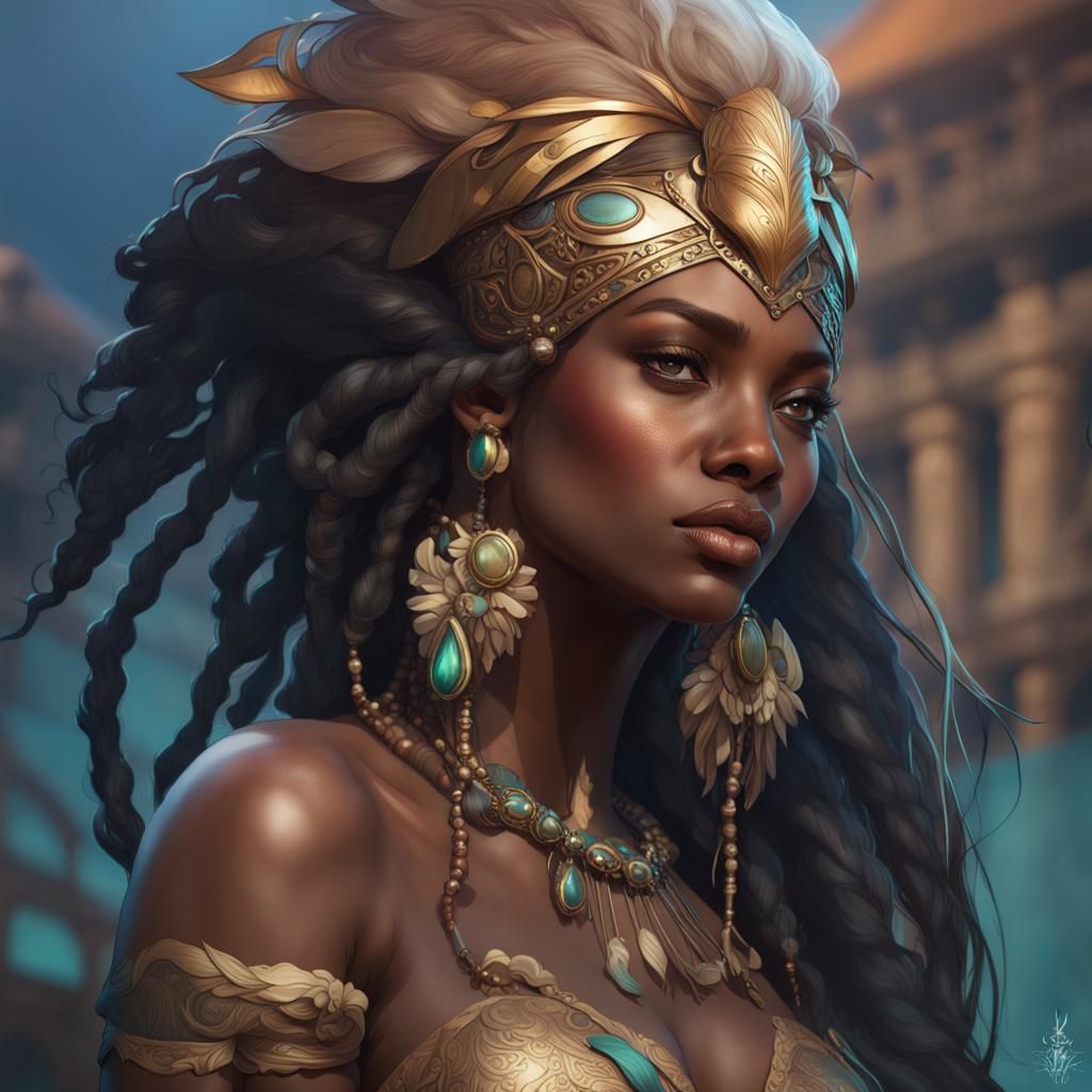 Zulu Mermaid Princess Portrait in Art Nouveau Style