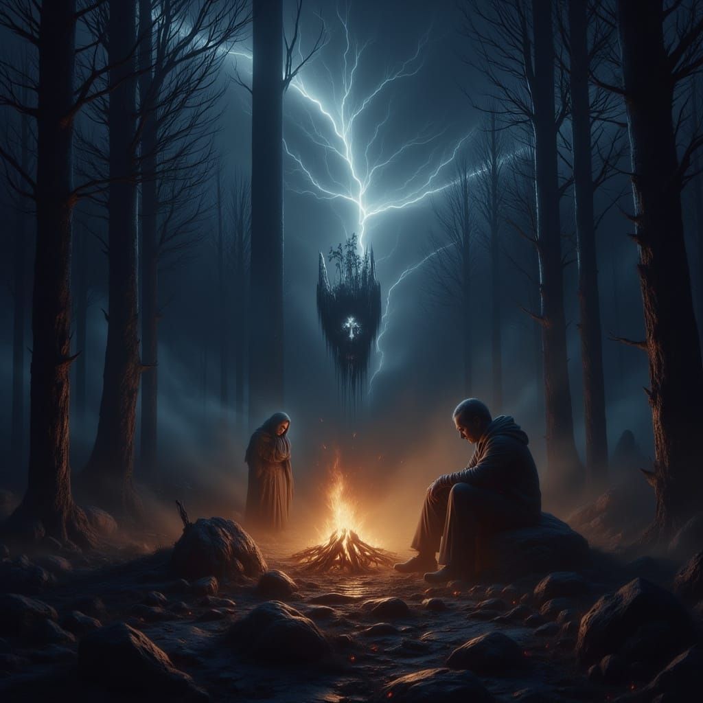 Man by Fire Watched by Angel and Grim Reaper