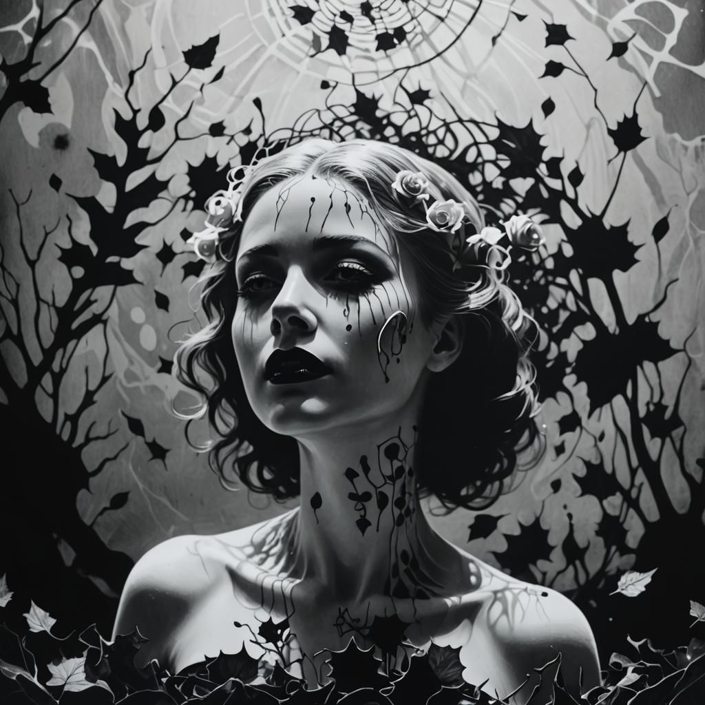 Eerie Photogram of Goth Woman in Surreal Scene