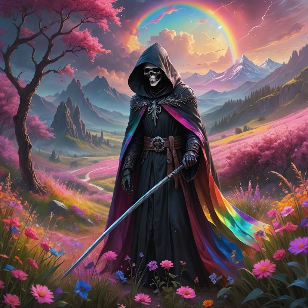 Rainbow Grim Reaper in Dreamlike Landscape