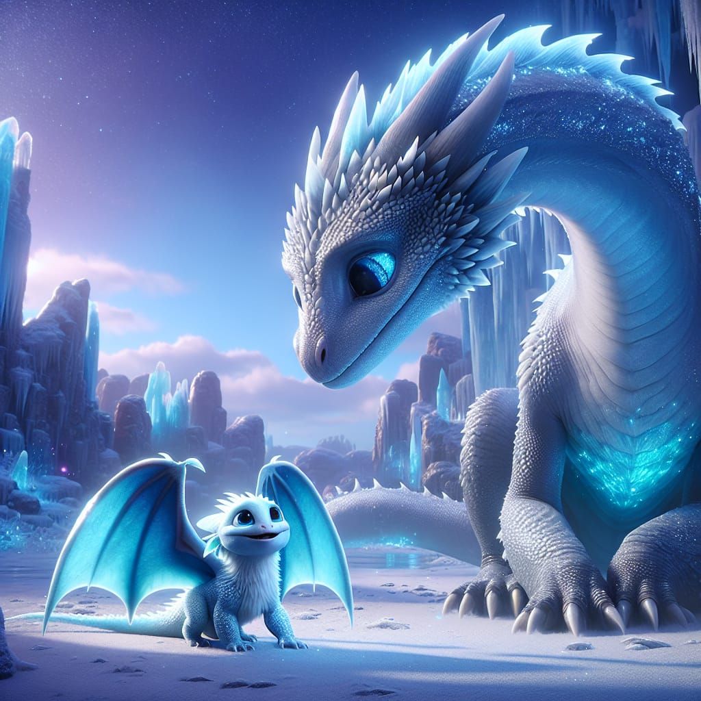 Mother Dragon and Baby in Icy Landscape