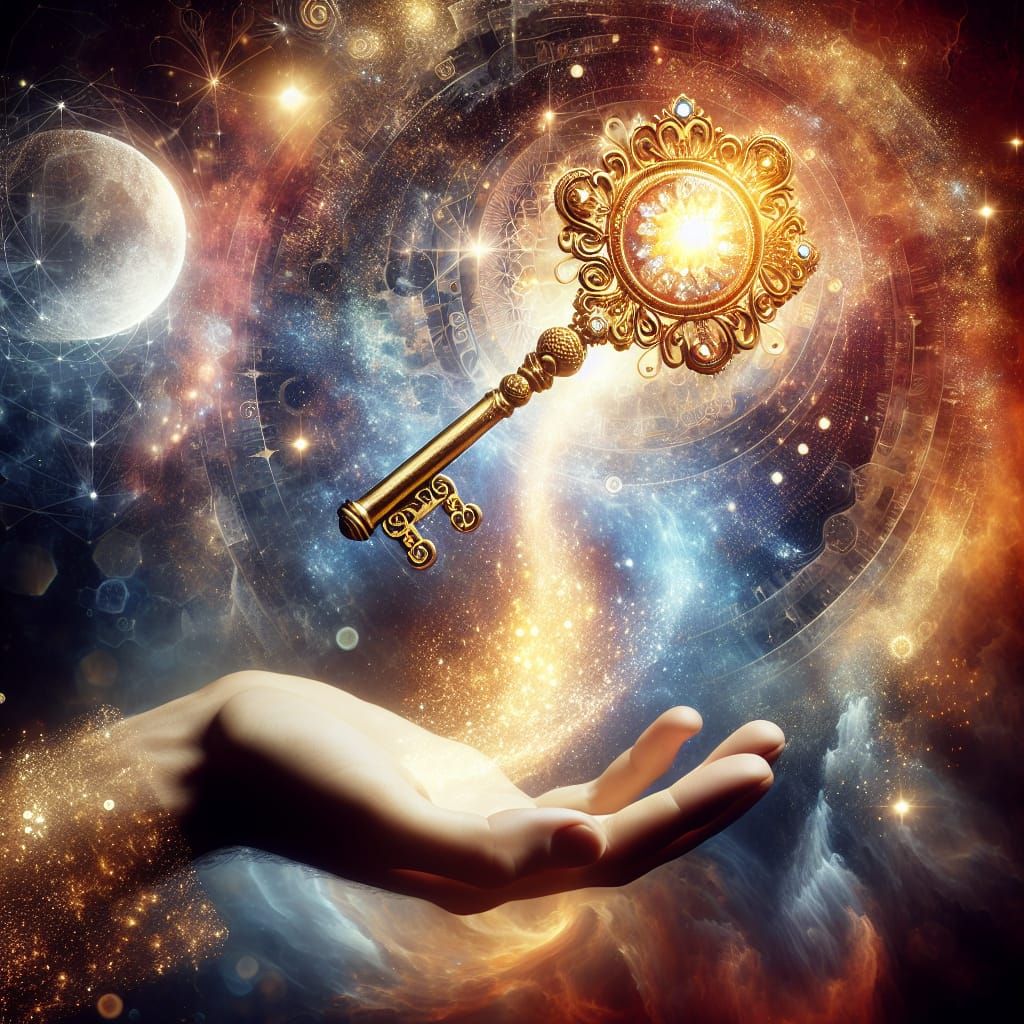 Golden Jeweled Key in Hand with Celestial Light