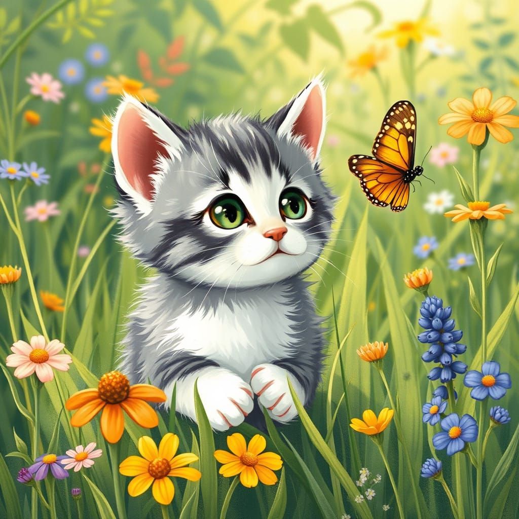 Whimsical Kitten Chases Delicate Butterfly in Enchanted Mead...