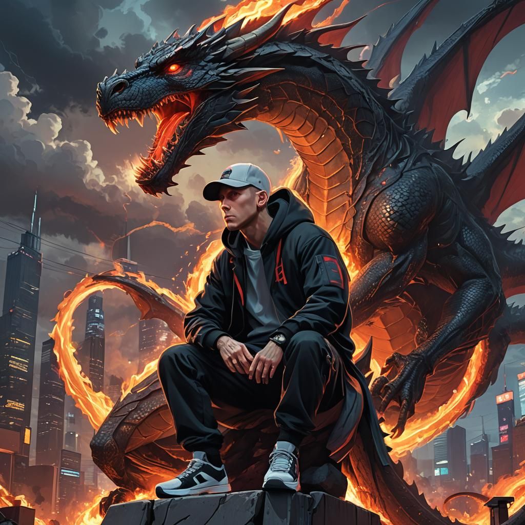 Eminem Rides a Dragon in Urban Fantasy Style