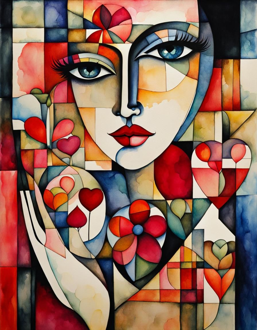 Cubist Watercolour Painting of Hearts and Flowers