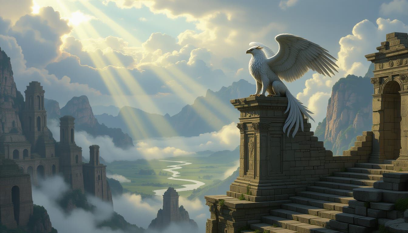Majestic Griffin Over Mist Valley in Fantasy Art Style