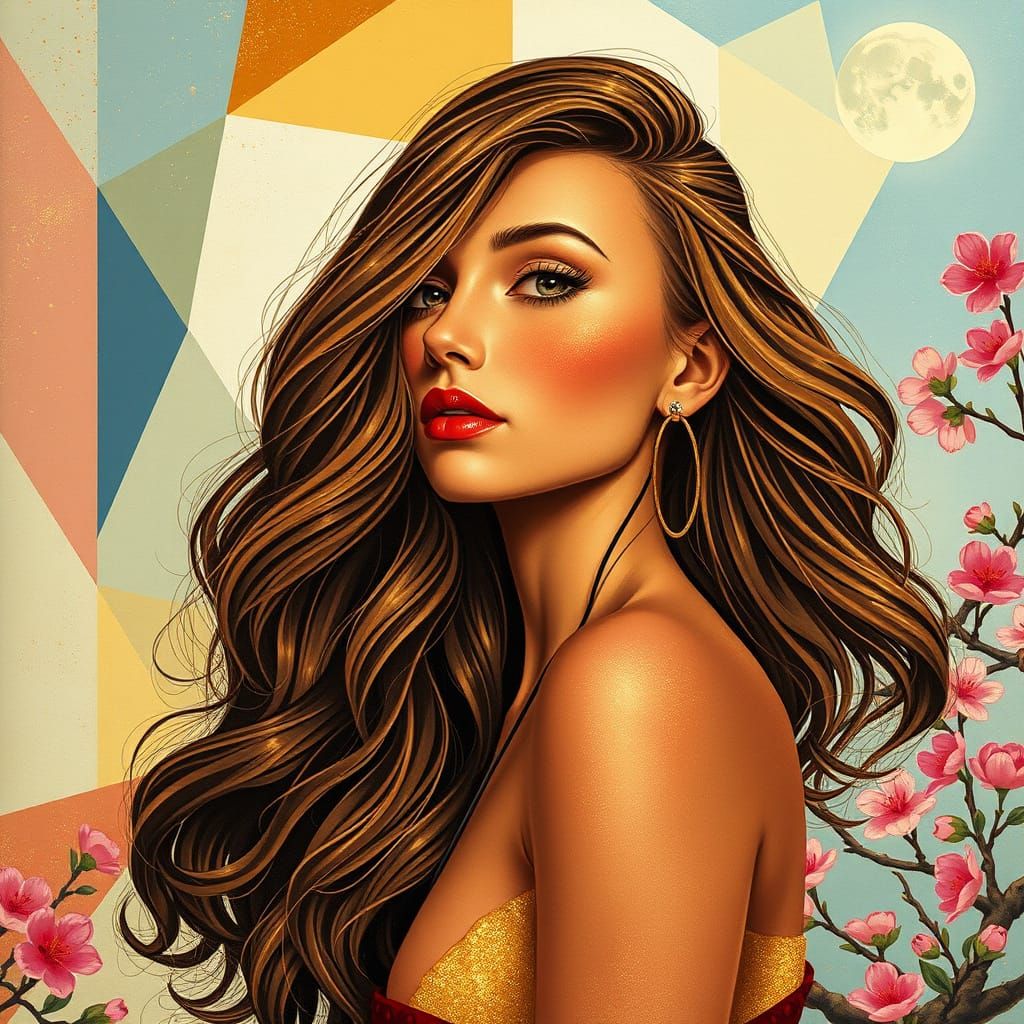 Mondrian Pin-Up Woman in Retro Garden