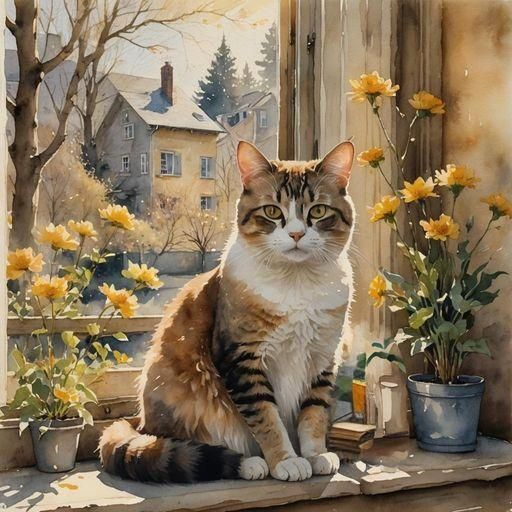 Serene Watercolor Cat in Sunny Window