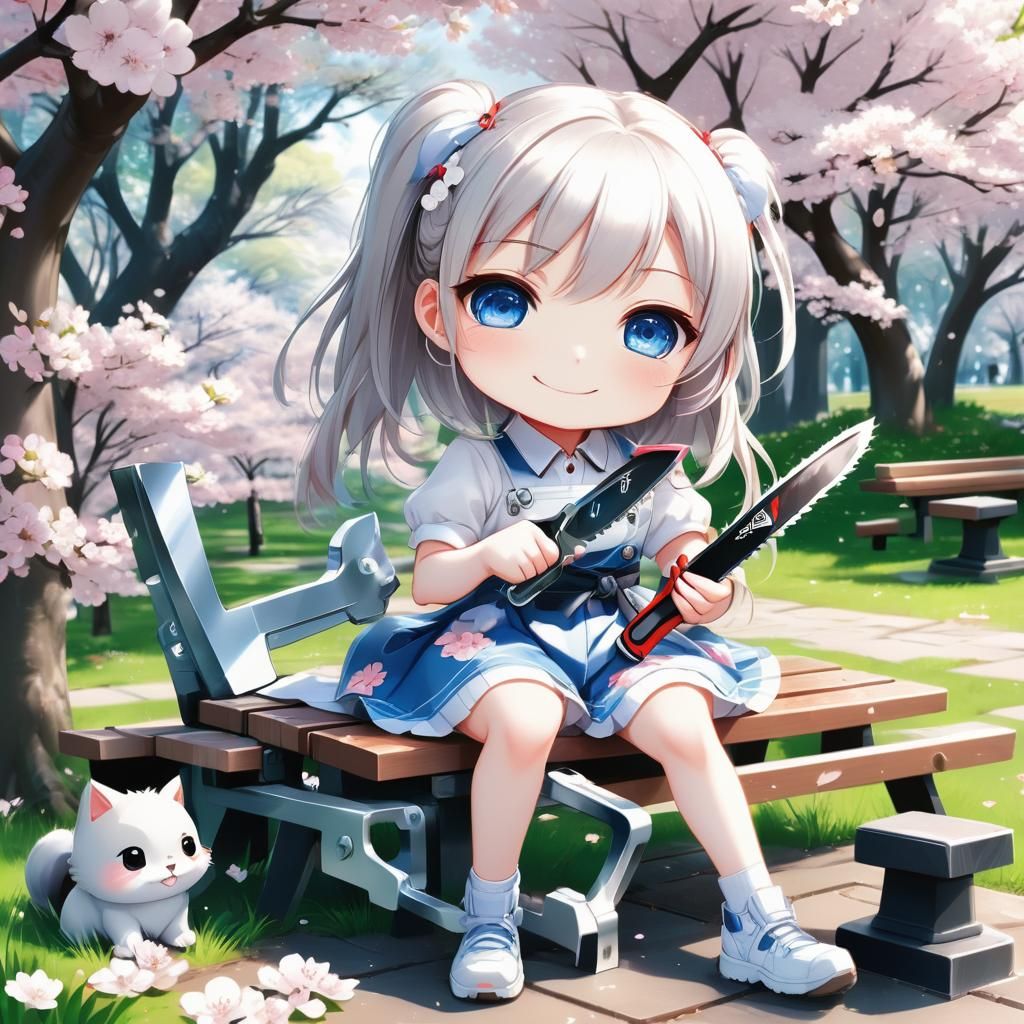Chibi Girl Playing with Spring in Cherry Blossom Park