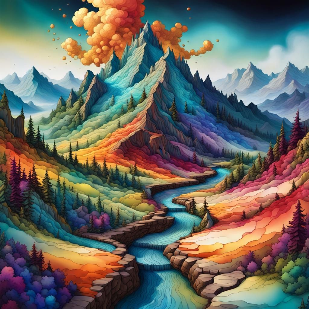 vibrant landscape boasts pathways meandering through diverse terrains, such as majestic mountains