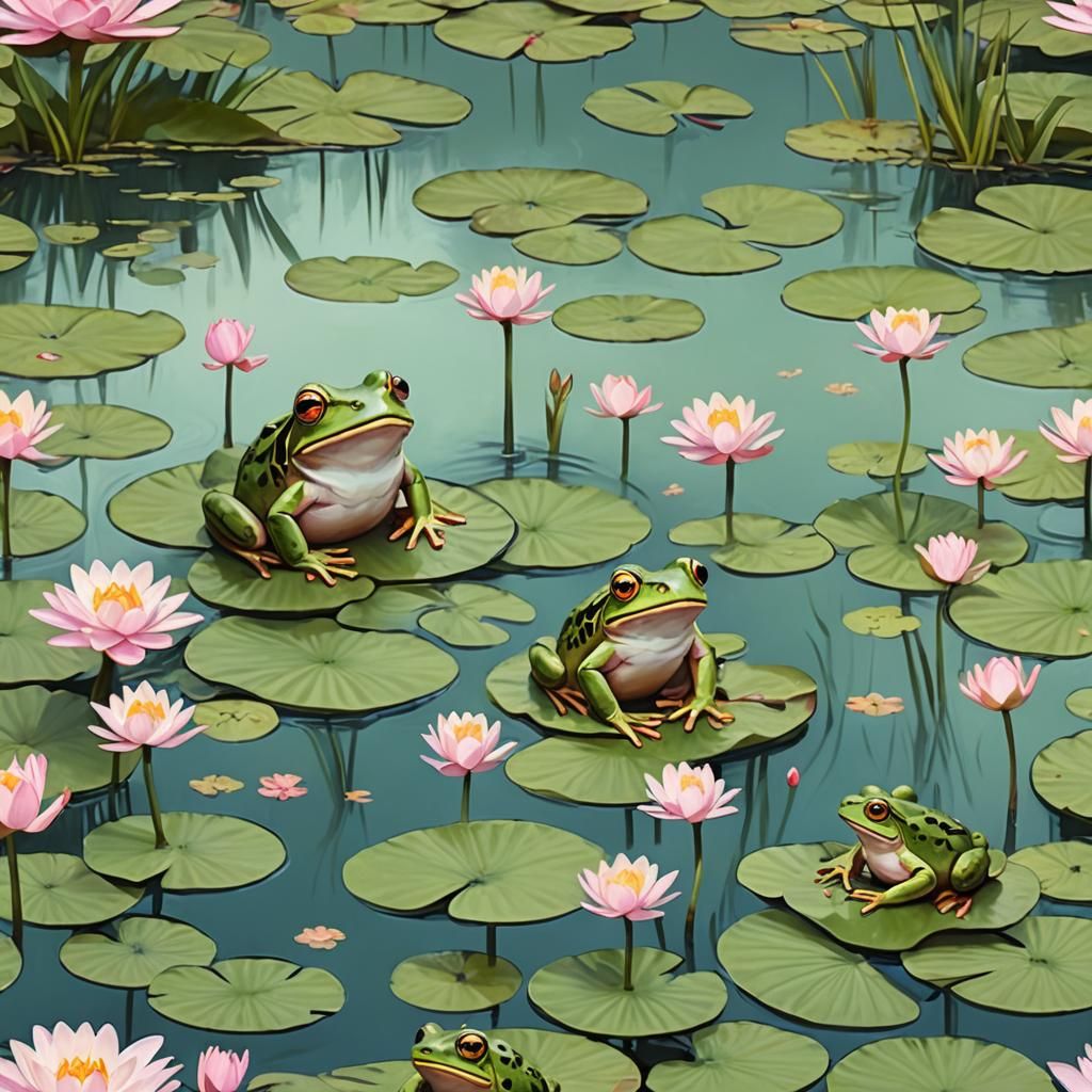 Frogs on Lily Pad in Dreamy Digital Art