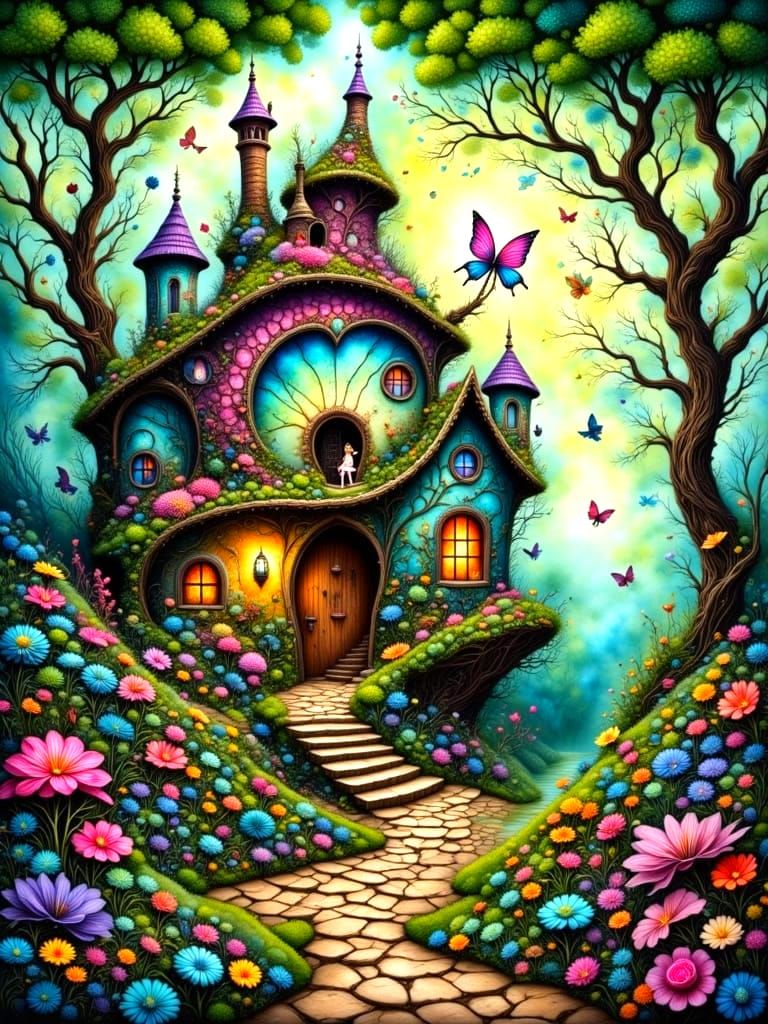 Enchanted Fairy Cottage in Forest, Whimsical Illustration