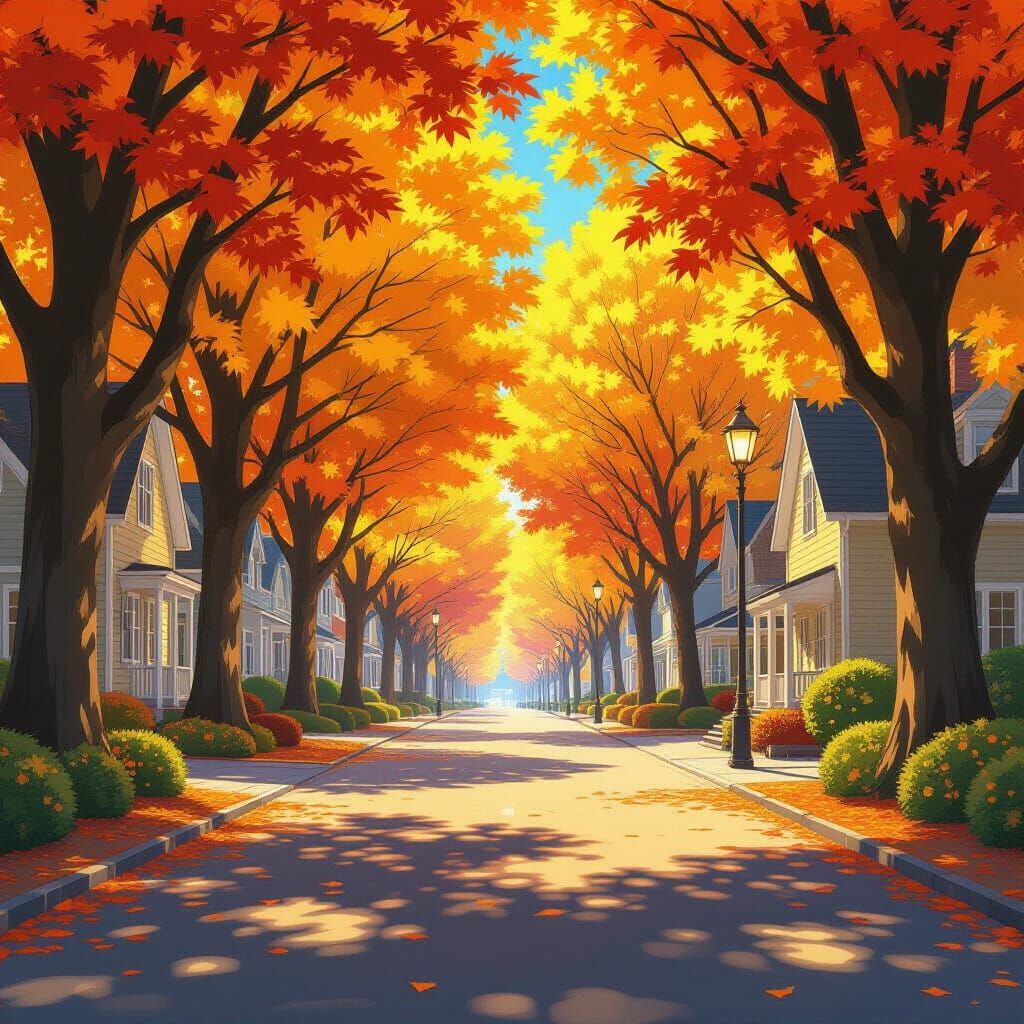 Autumn Avenue with Golden Trees and Sunlight