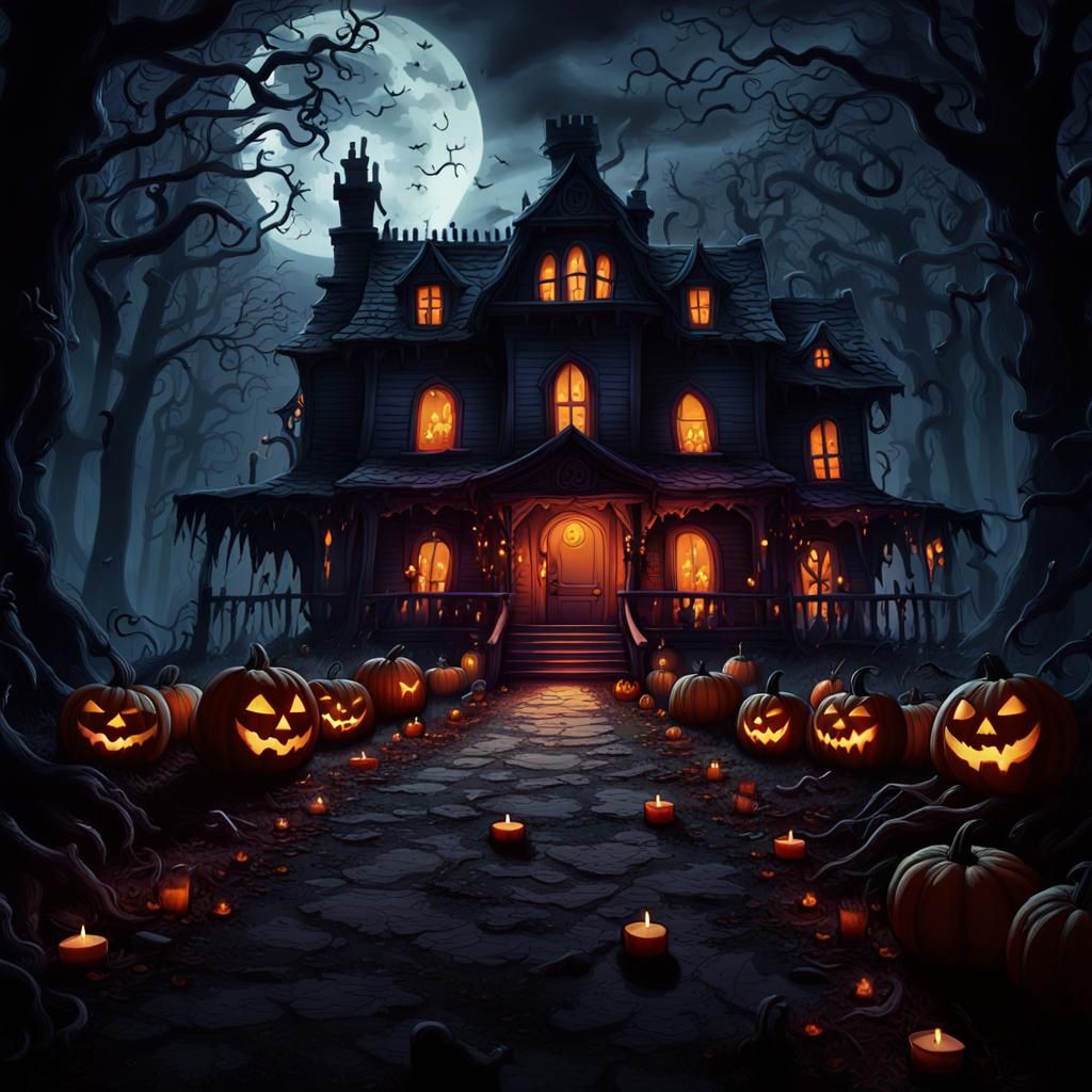 Haunted House in Sinister Forest, Dark Fantasy Scene