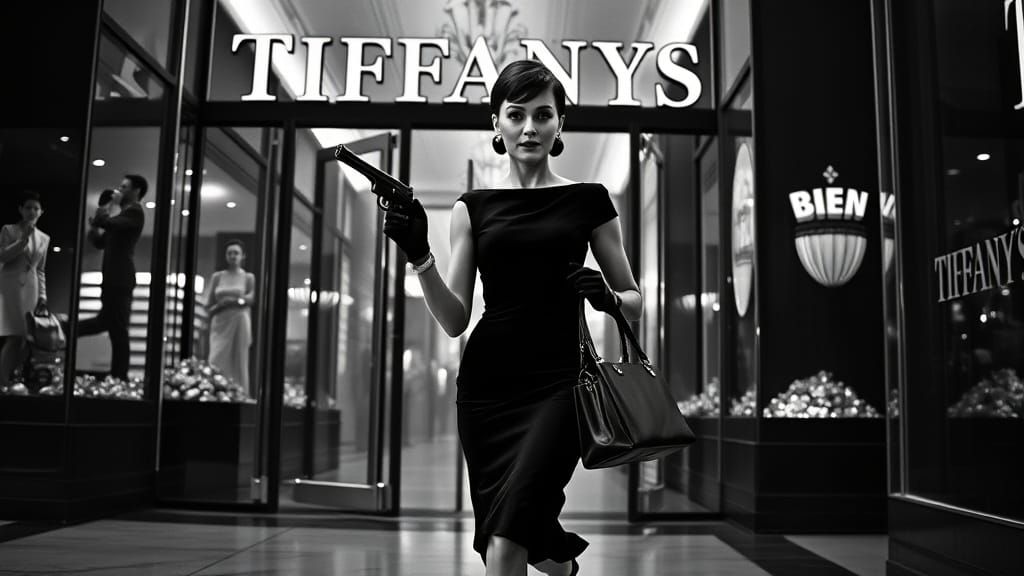 Audrey Hepburn Inspired Heist Scene in Black and White